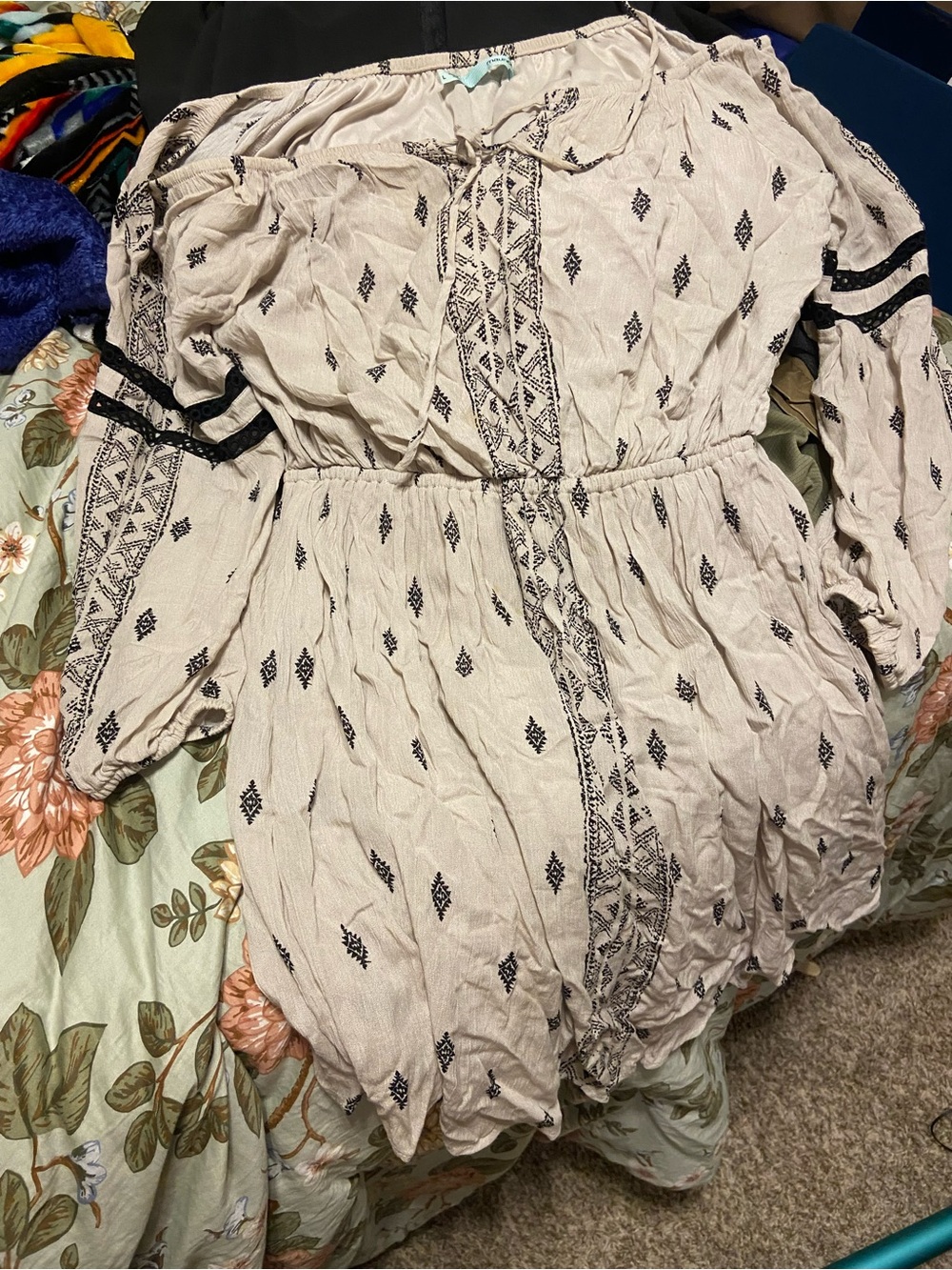 Maurices Cream Off-Shoulder Embroidered Dress with Black Accents